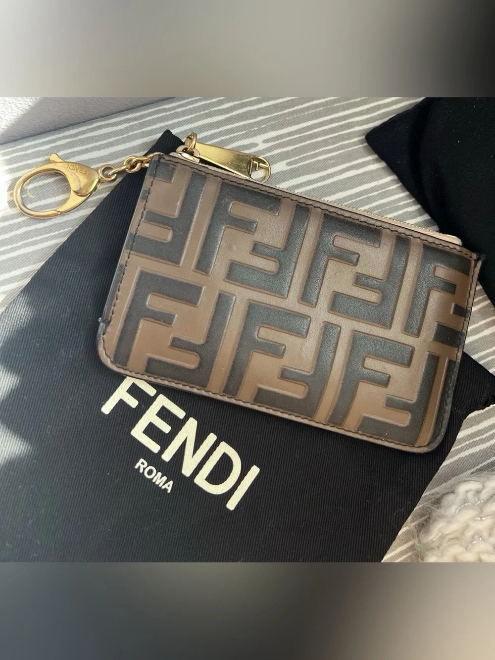 Fendi Brown Light Pink Logo Monogram Keychain Credit Card Coin Pouch W/ Dustbag